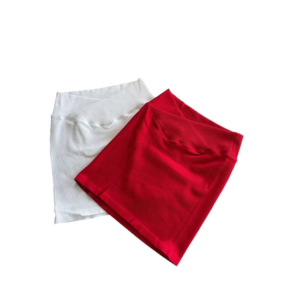 OQQ Ribbed Mini Skirt Set High Waist Stretchy Basic Casual Red White M